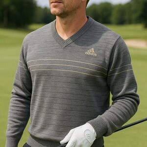 Adidas Golf Sweater Mens Large Gray V-Neck Pullover Gold Embroidered Logo